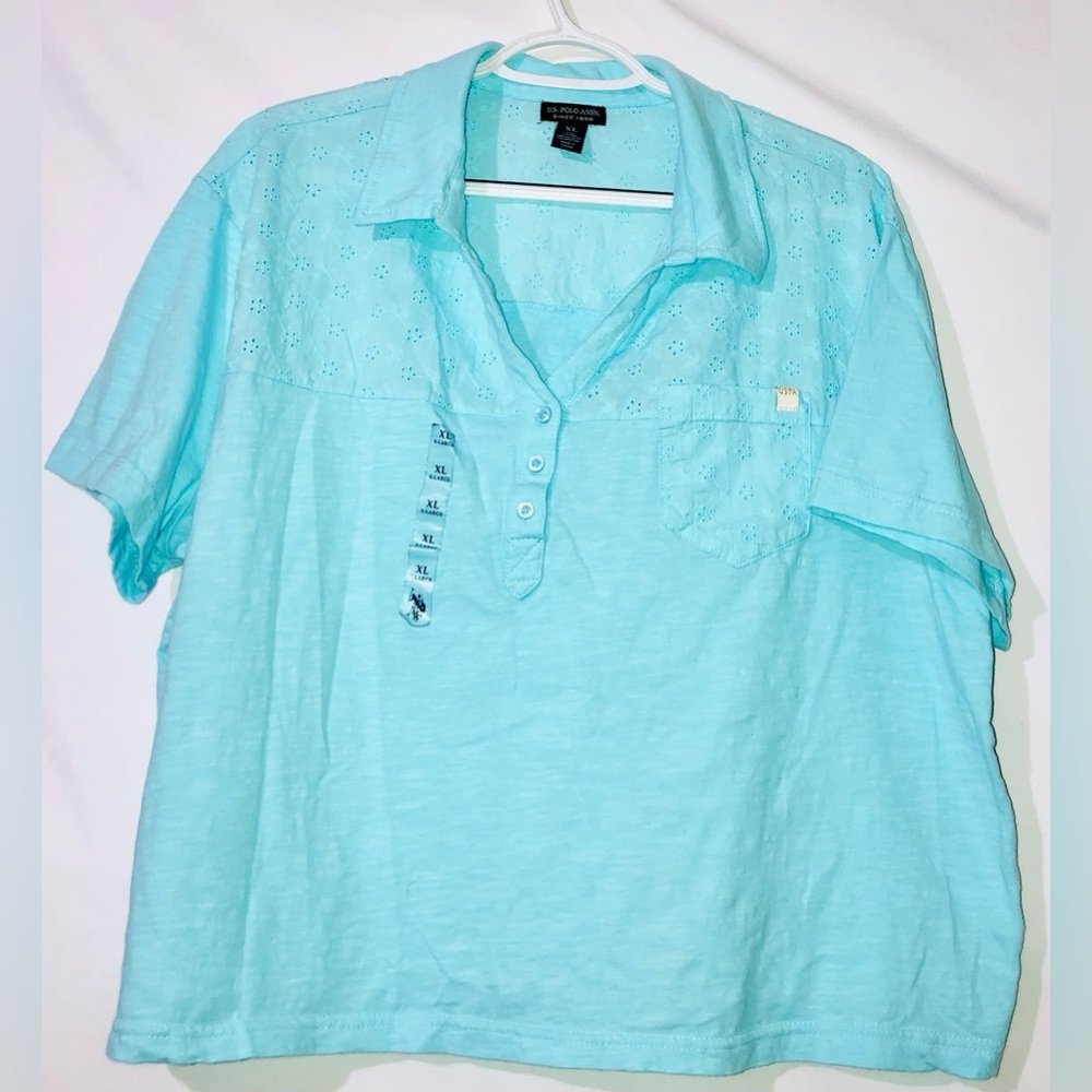 BNWT Polo Women’s dead stock Size XL USPA Eyelet Polo Shirt Aqua U.S. Polo ASSN